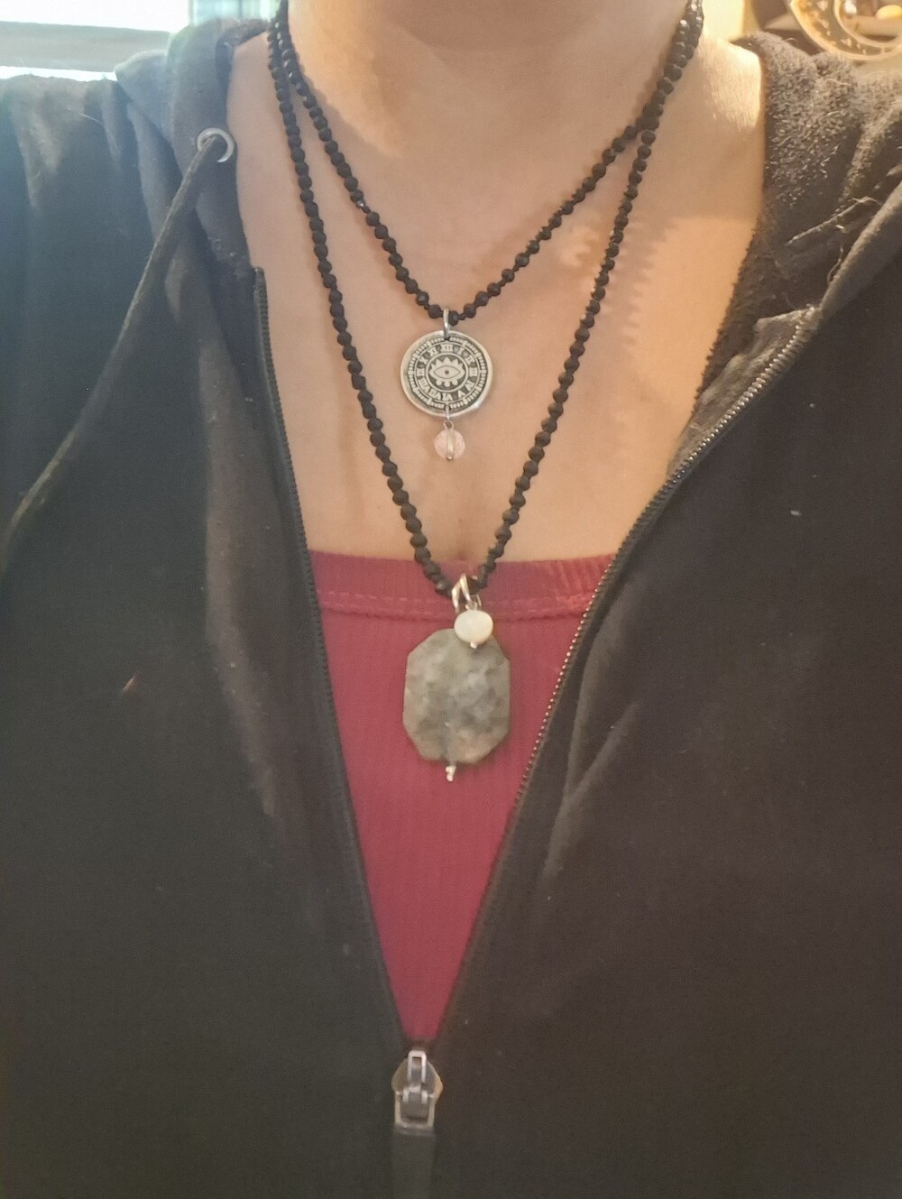 Inspirational Double-Layer Black Beaded Necklace with Gray Stone Pendant